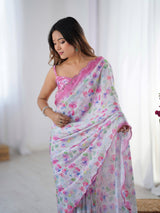 DVS-65 White Floral Chinnon Saree with Mirror Border