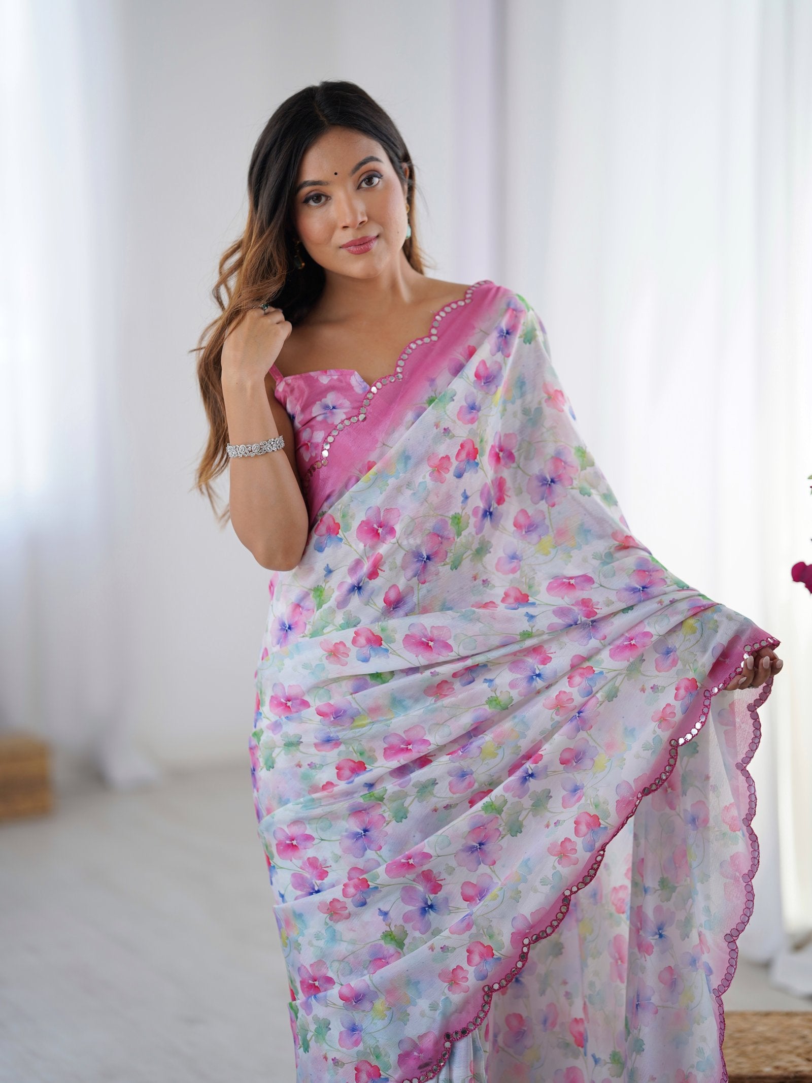 DVS-65 White Floral Chinnon Saree with Mirror Border