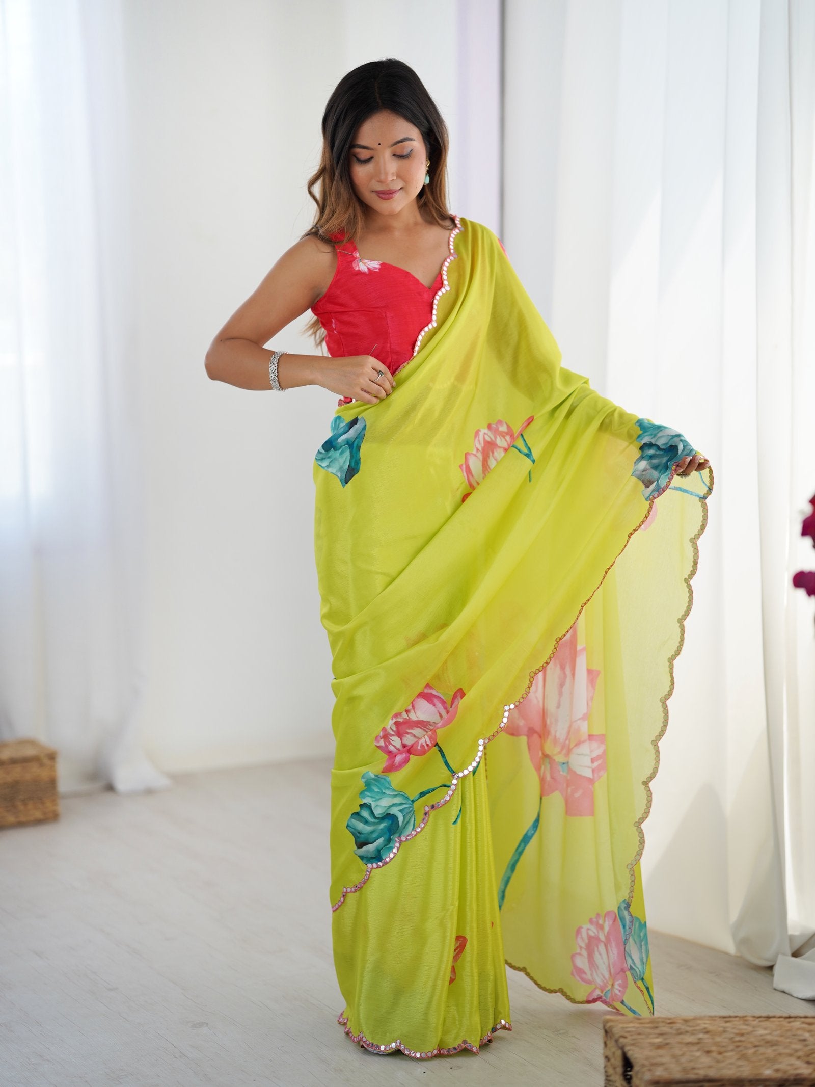 Vibrant Lime Green Chinnon Saree with Floral Print & Mirror Work
