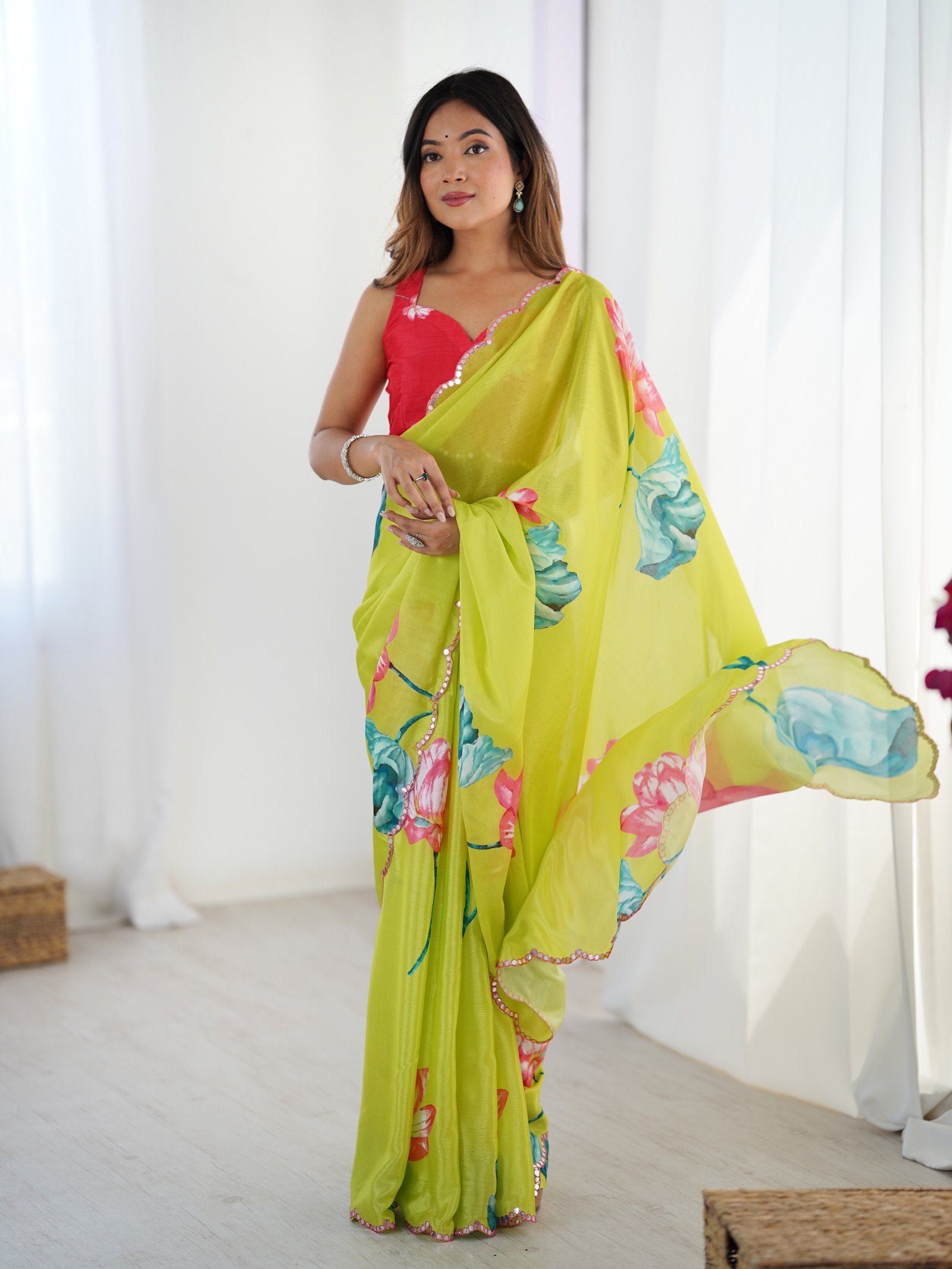 Vibrant Lime Green Chinnon Saree with Floral Print & Mirror Work