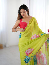 Vibrant Lime Green Chinnon Saree with Floral Print & Mirror Work
