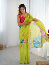 Vibrant Lime Green Chinnon Saree with Floral Print & Mirror Work
