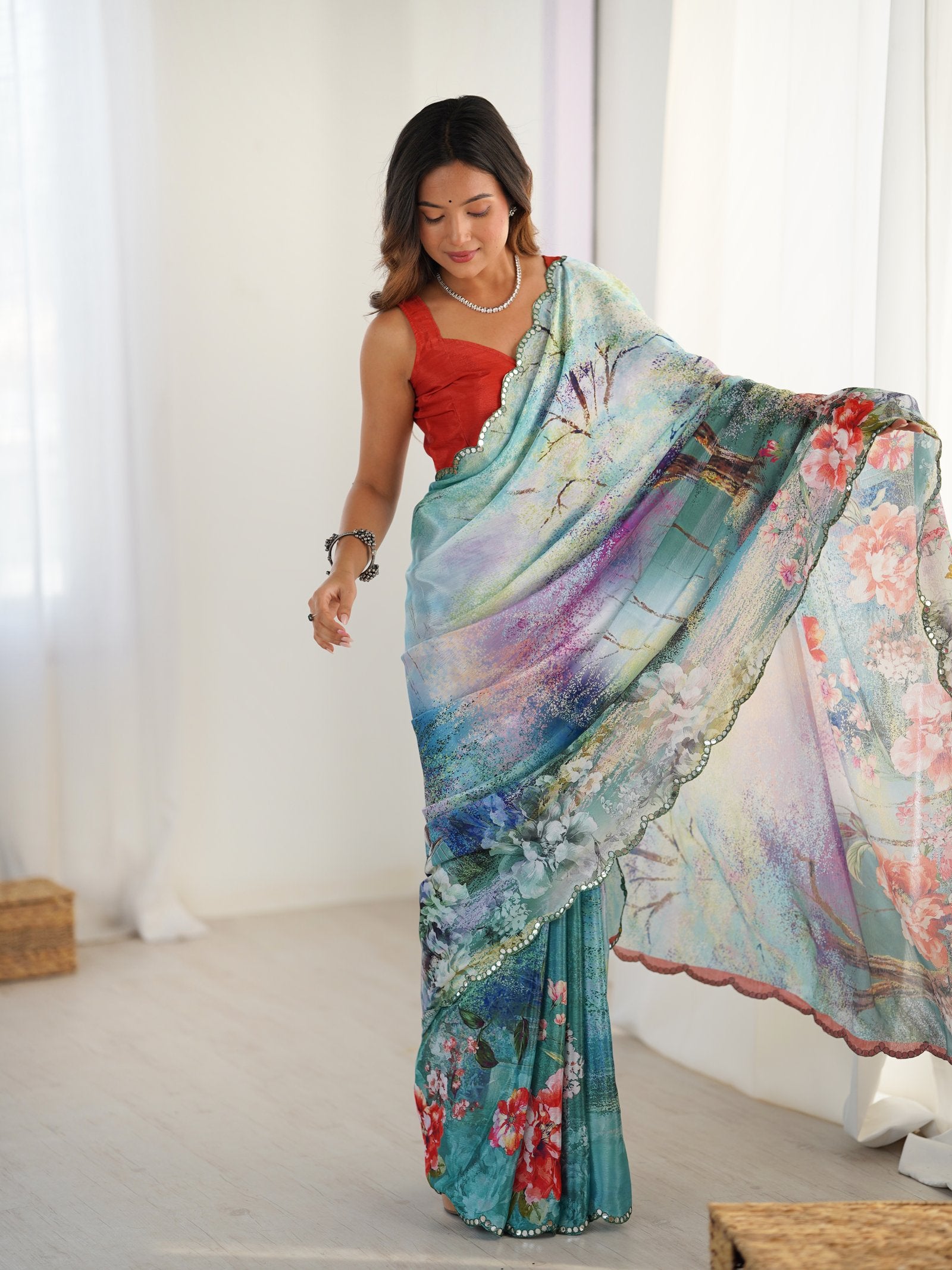 DVS-67 Multicolor Chinnon Saree with Kutchi Mirror Border