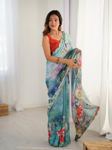 DVS-67 Multicolor Chinnon Saree with Kutchi Mirror Border