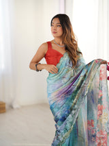 DVS-67 Multicolor Chinnon Saree with Kutchi Mirror Border