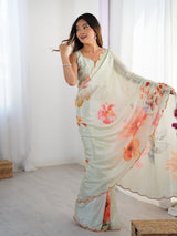 Elegant Green Chinnon Saree with Floral Print & Mirror Border