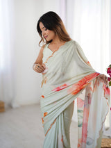 Elegant Green Chinnon Saree with Floral Print & Mirror Border