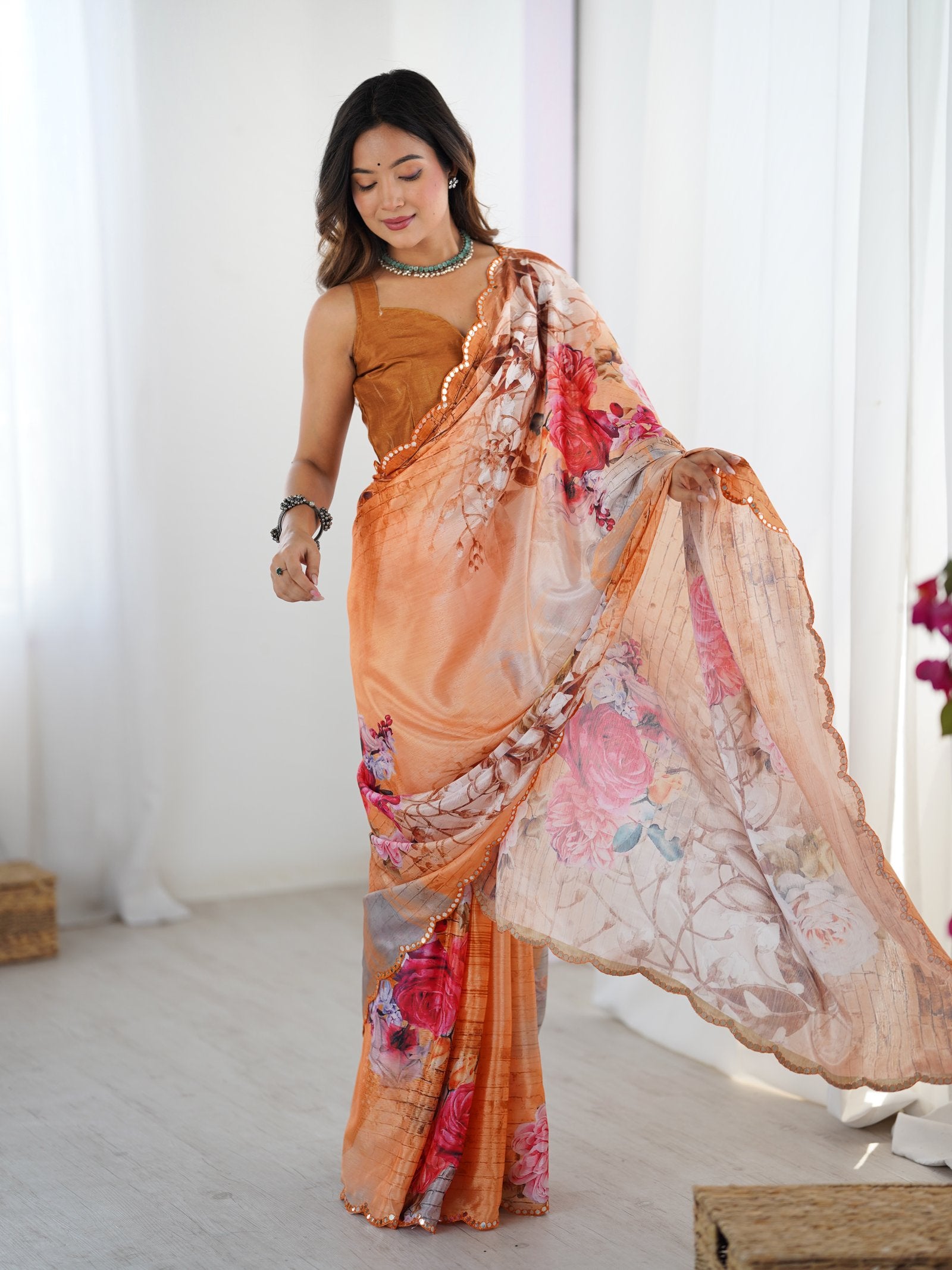 Peach Floral Chinnon Saree with Kutchi Mirror Lace Border