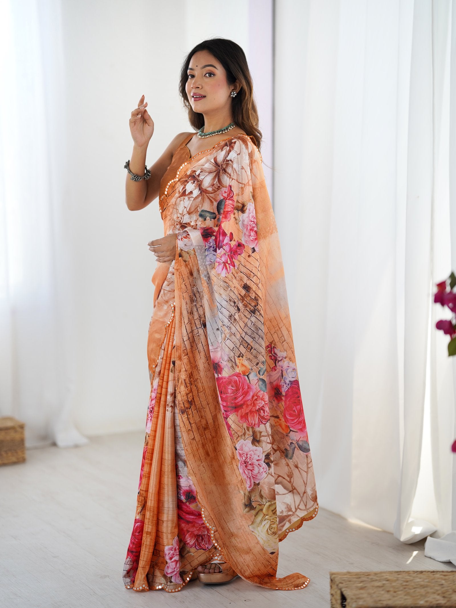 Peach Floral Chinnon Saree with Kutchi Mirror Lace Border