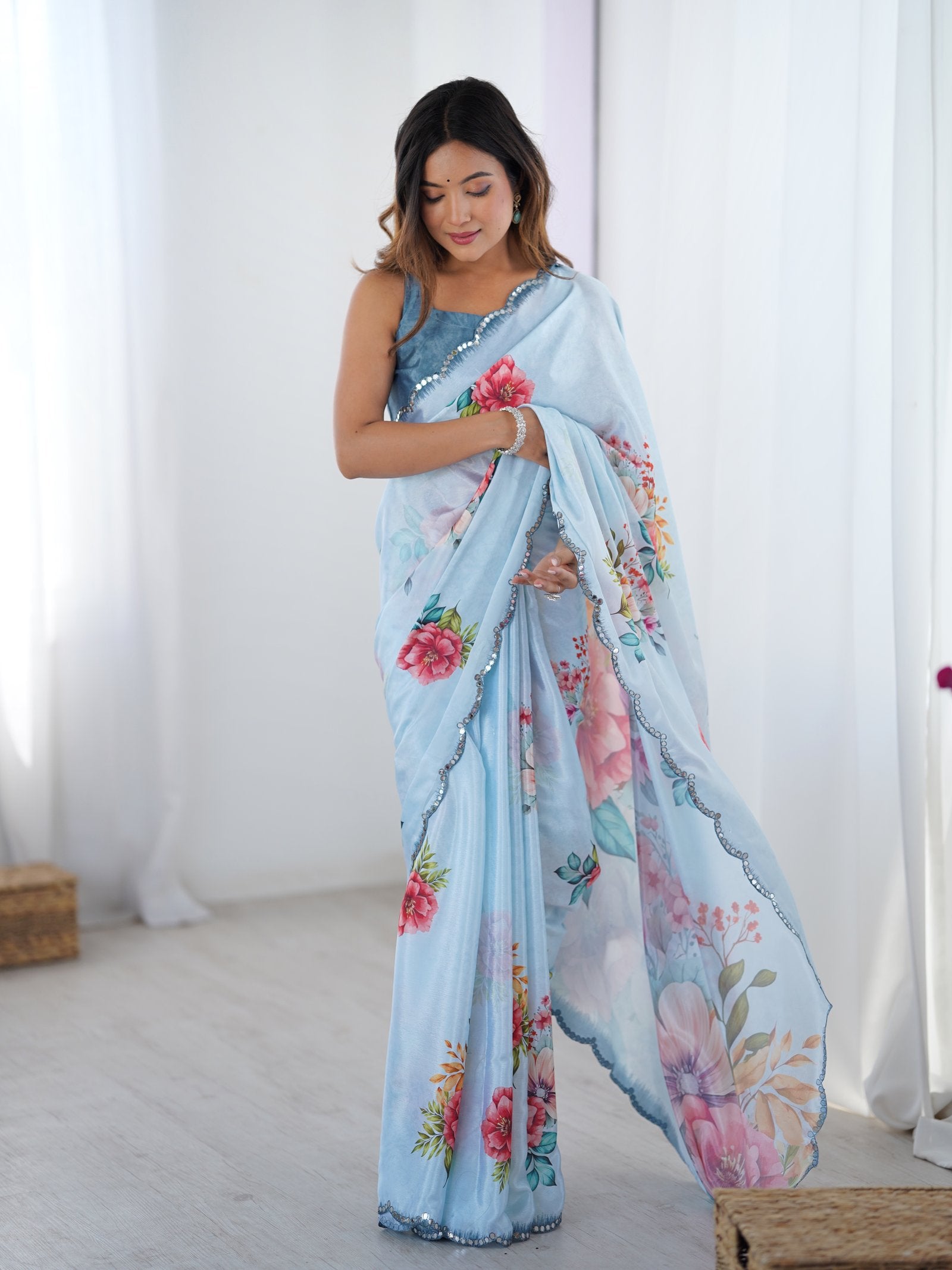 Sky Blue Floral Chinnon Saree with Mirror Work Border