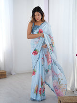 Sky Blue Floral Chinnon Saree with Mirror Work Border