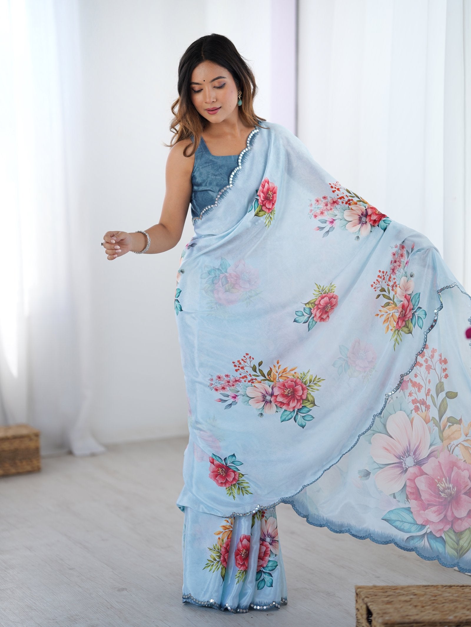 Sky Blue Floral Chinnon Saree with Mirror Work Border