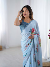 Sky Blue Floral Chinnon Saree with Mirror Work Border