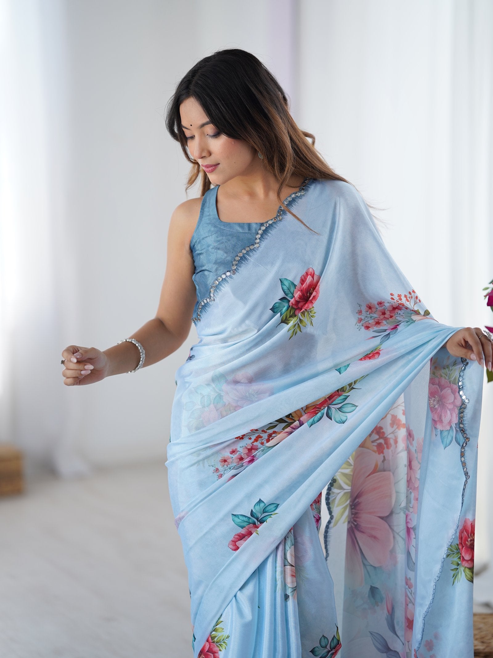 Sky Blue Floral Chinnon Saree with Mirror Work Border
