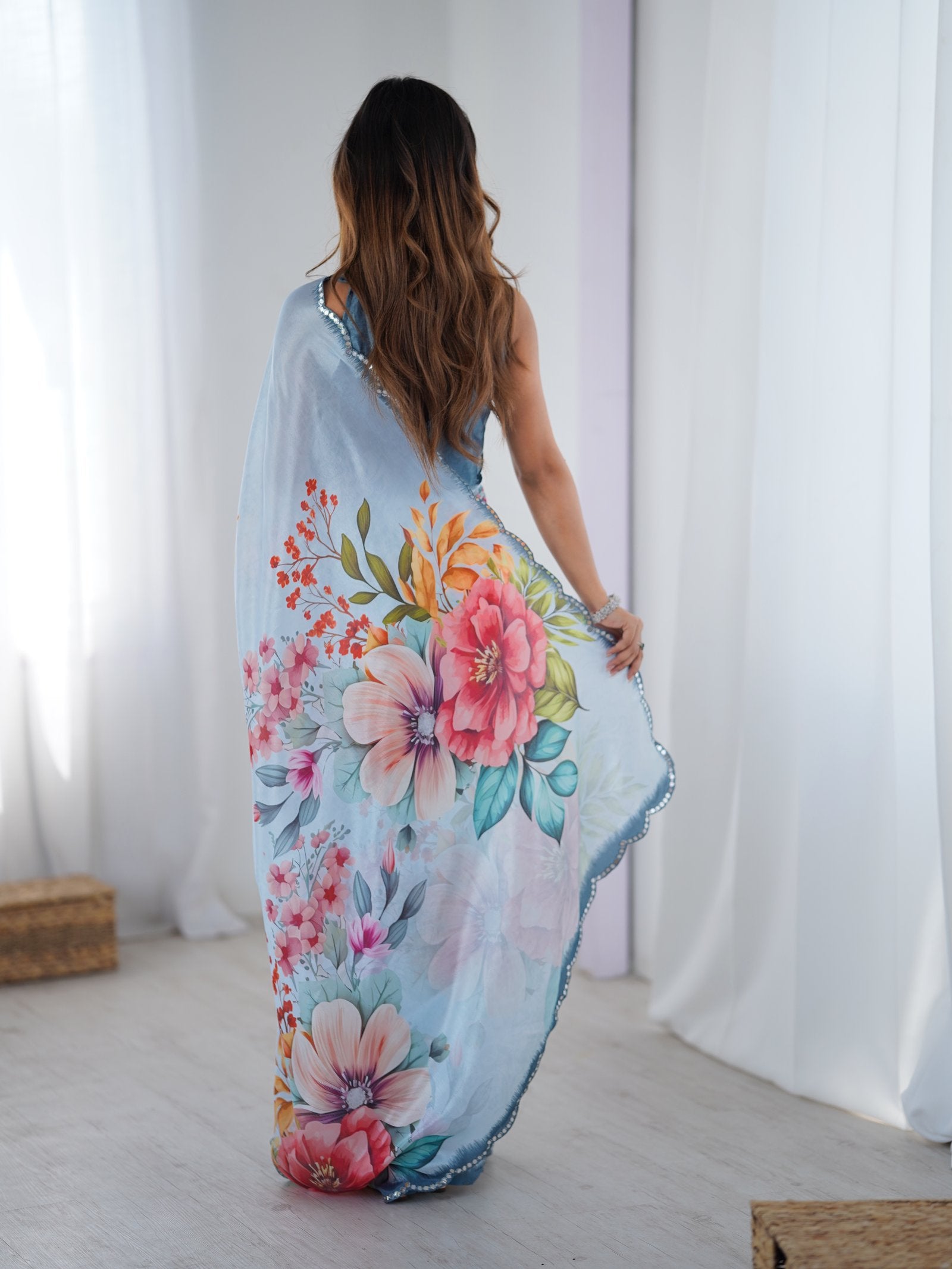 Sky Blue Floral Chinnon Saree with Mirror Work Border