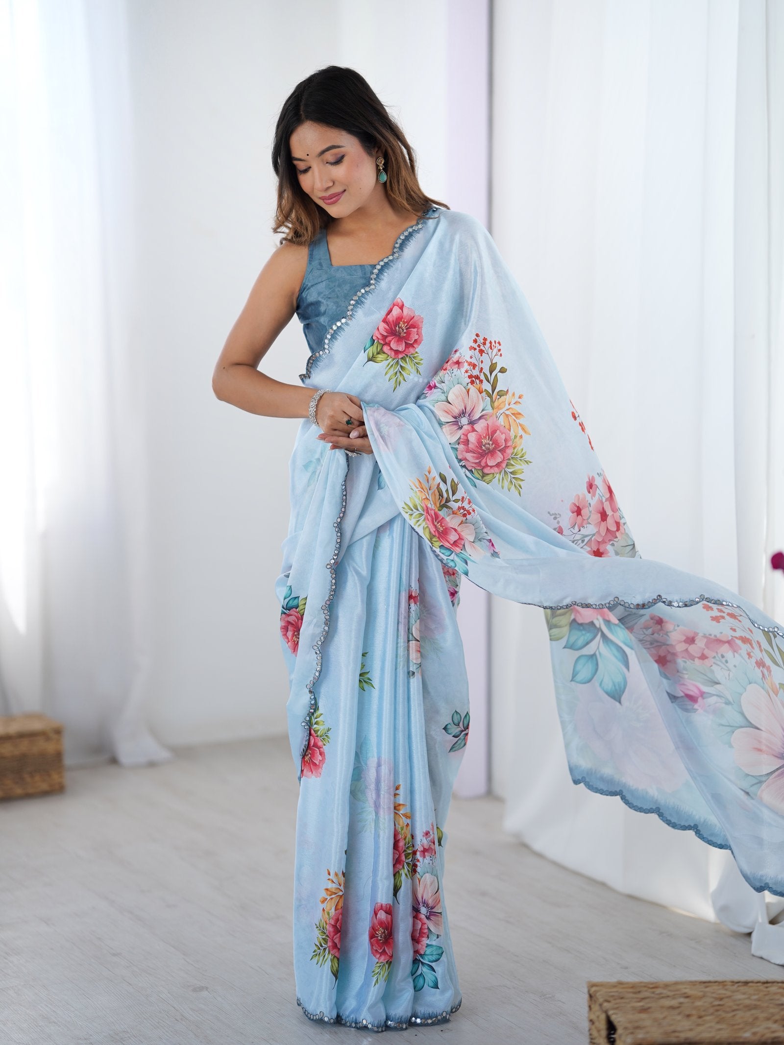 Sky Blue Floral Chinnon Saree with Mirror Work Border