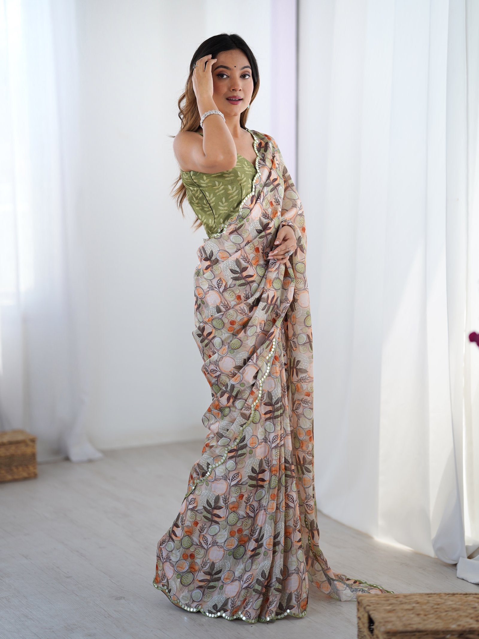 Cream Floral Print Chinnon Saree with Mirror Work Border
