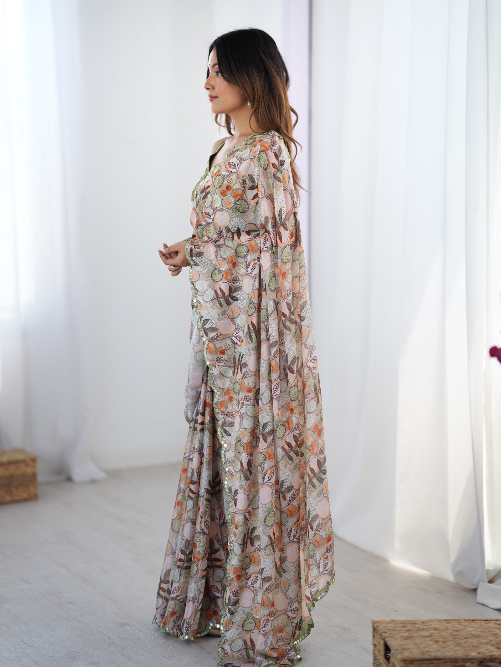 Cream Floral Print Chinnon Saree with Mirror Work Border