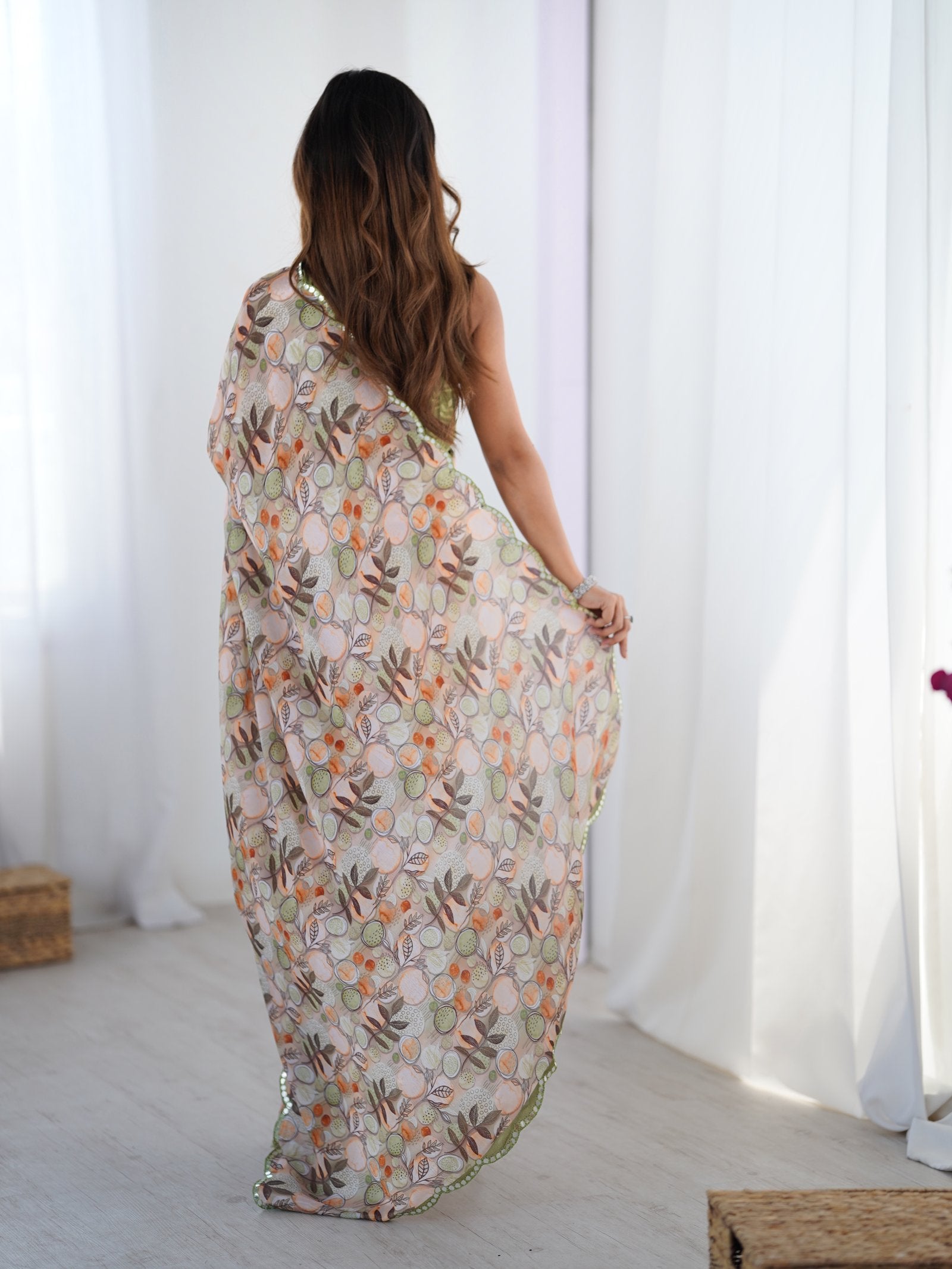Cream Floral Print Chinnon Saree with Mirror Work Border