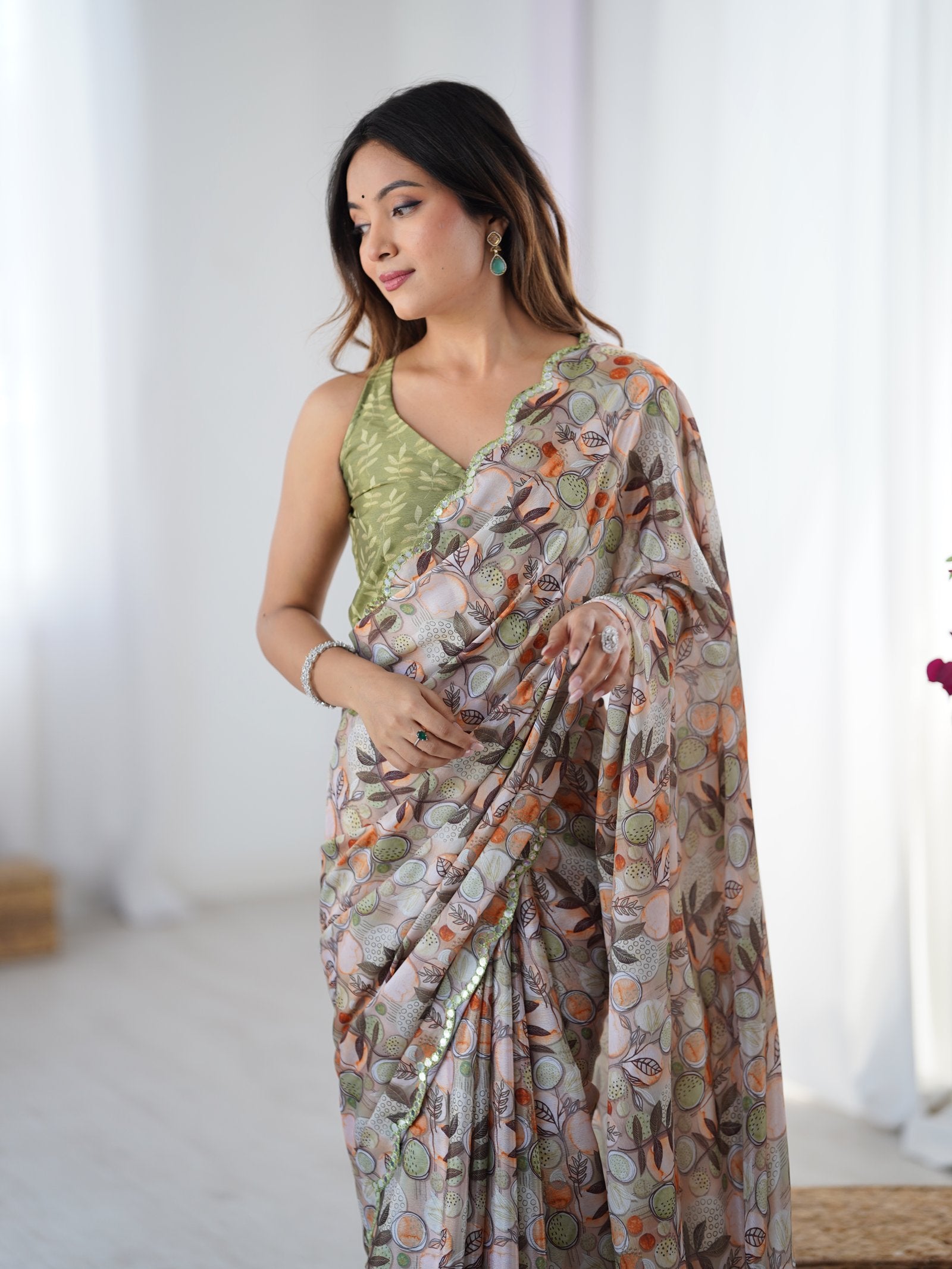 Cream Floral Print Chinnon Saree with Mirror Work Border