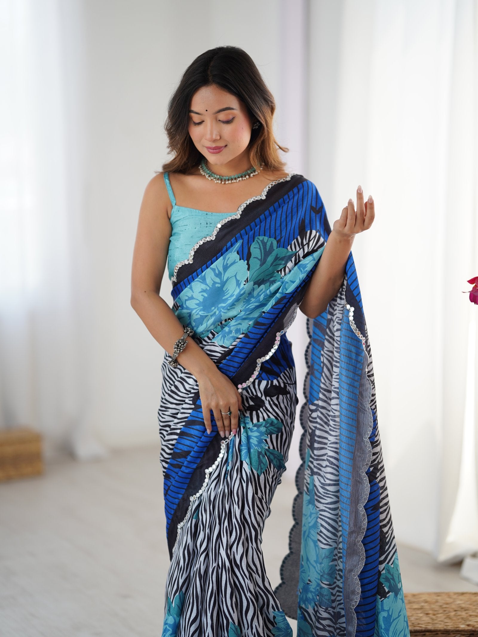 DVS-73 Multicolor Chinnon Saree with Kutchi Mirror Lace