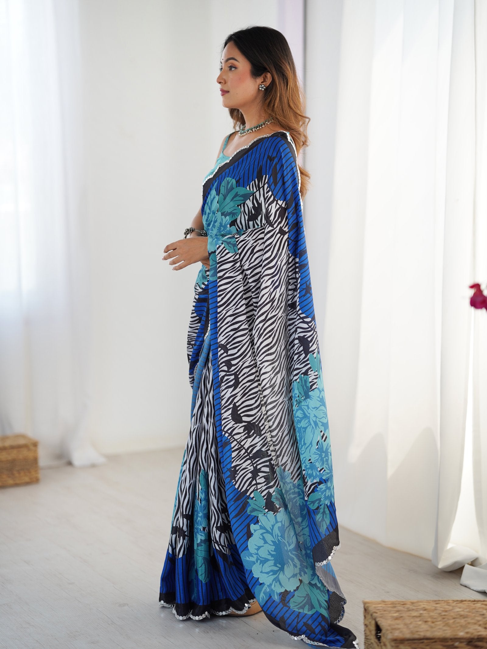 DVS-73 Multicolor Chinnon Saree with Kutchi Mirror Lace