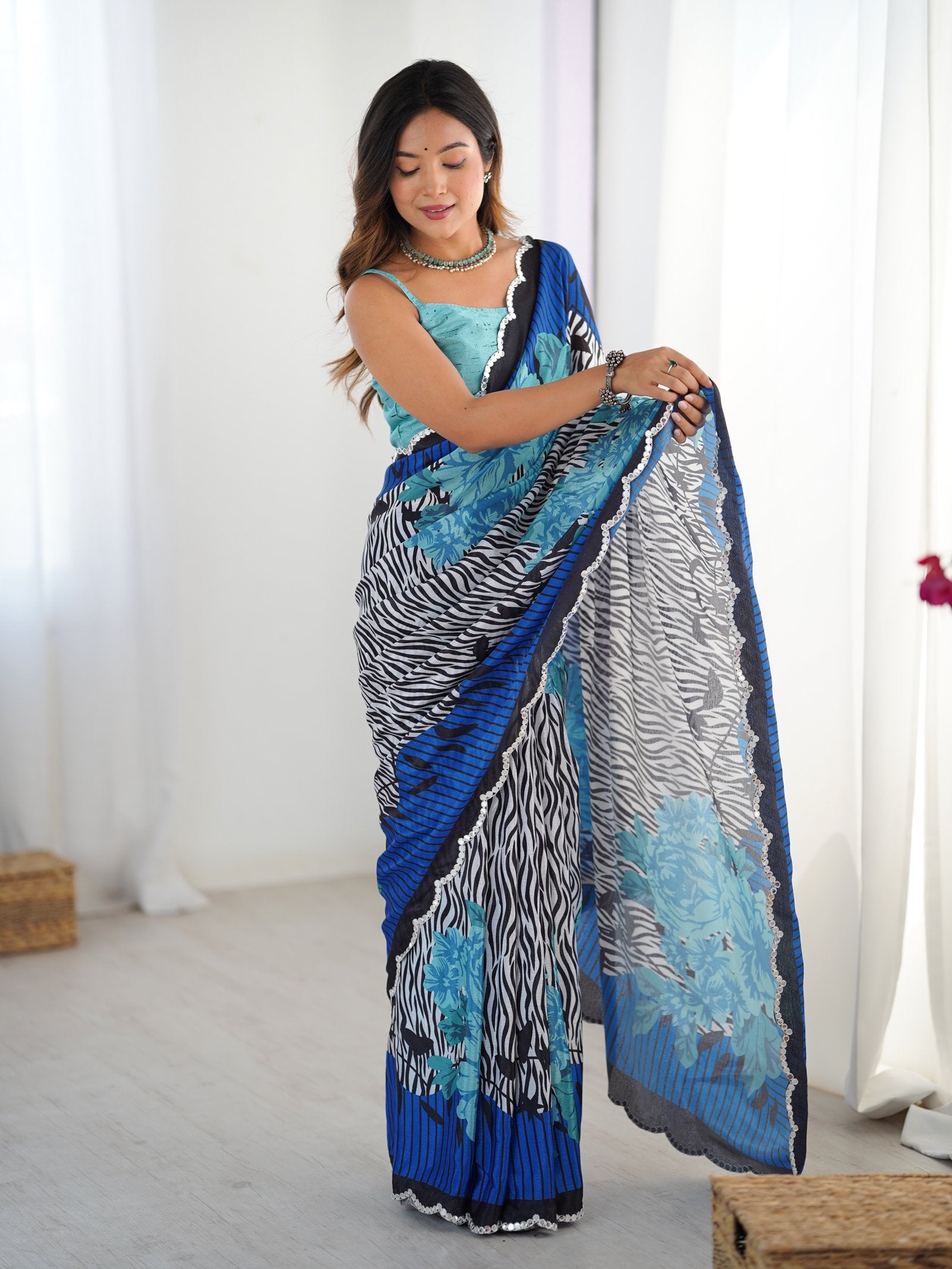 DVS-73 Multicolor Chinnon Saree with Kutchi Mirror Lace