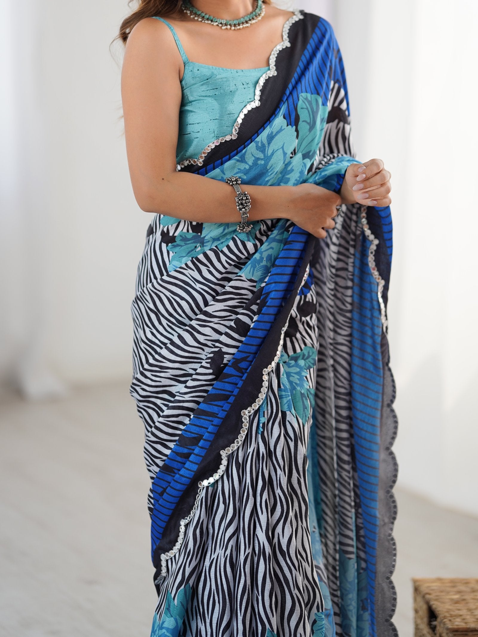 DVS-73 Multicolor Chinnon Saree with Kutchi Mirror Lace