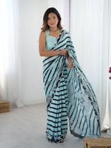 Aqua Blue & Black Printed Chinnon Saree with Kutchi Mirror Border