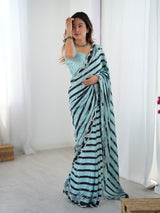 Aqua Blue & Black Printed Chinnon Saree with Kutchi Mirror Border