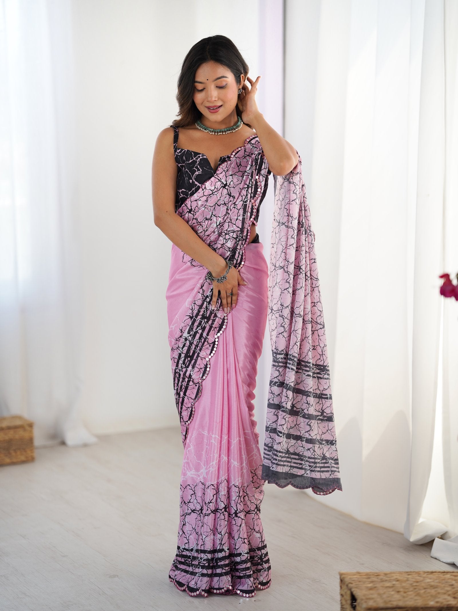Pink Heavy Chinnon Saree with Kutchi Work Mirror Lace Border