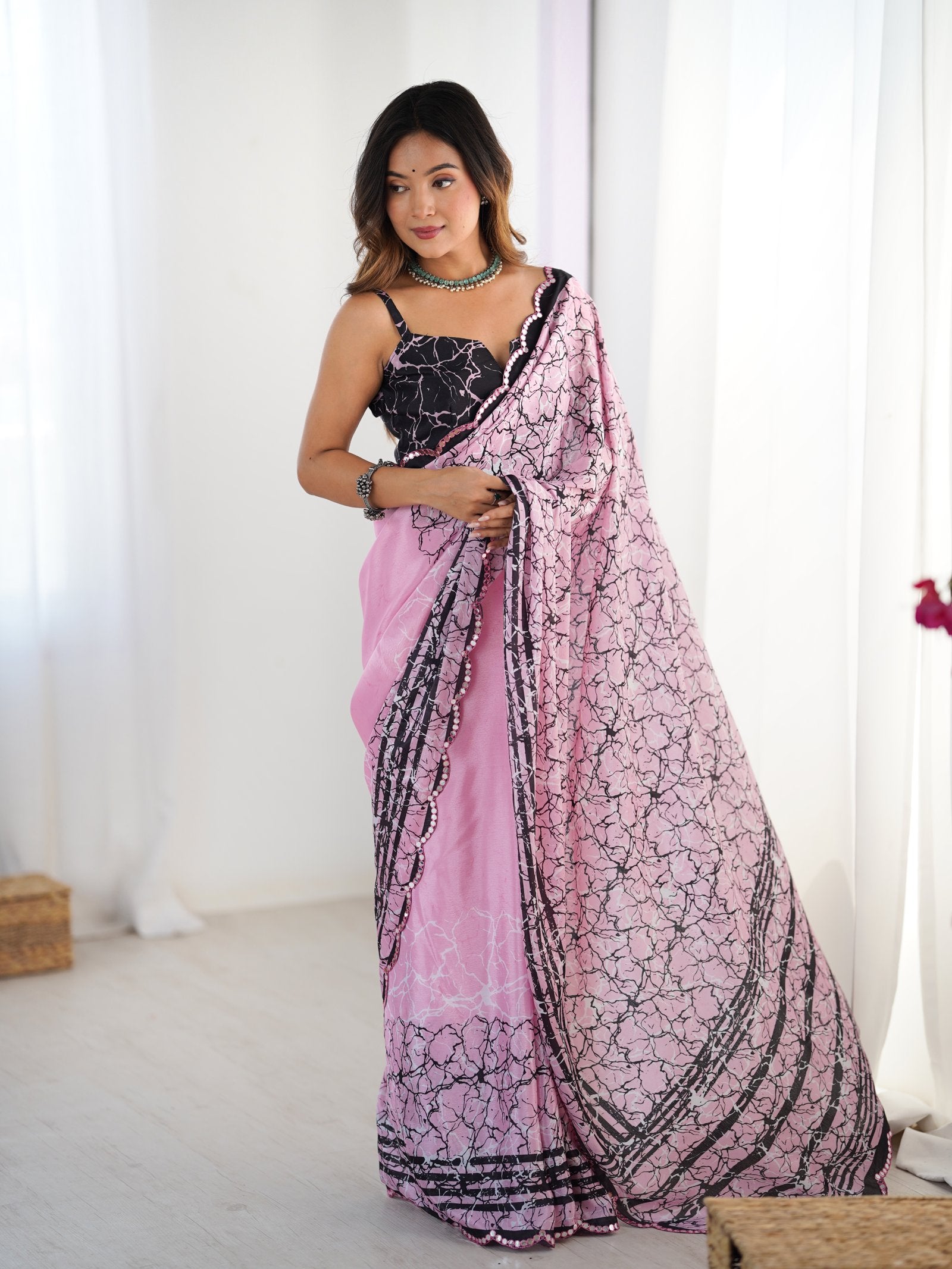 Pink Heavy Chinnon Saree with Kutchi Work Mirror Lace Border