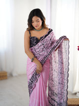Pink Heavy Chinnon Saree with Kutchi Work Mirror Lace Border
