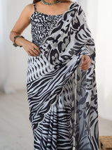 Black & White Zebra Print Chinnon Saree with Mirror Border