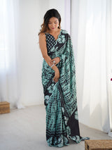 DVS-78 Black & Teal Chinnon Saree with Kutchi Mirror Lace Border