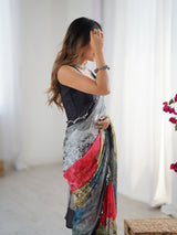 Multicolor Printed Chinnon Saree with Kutchi Mirror Lace Border