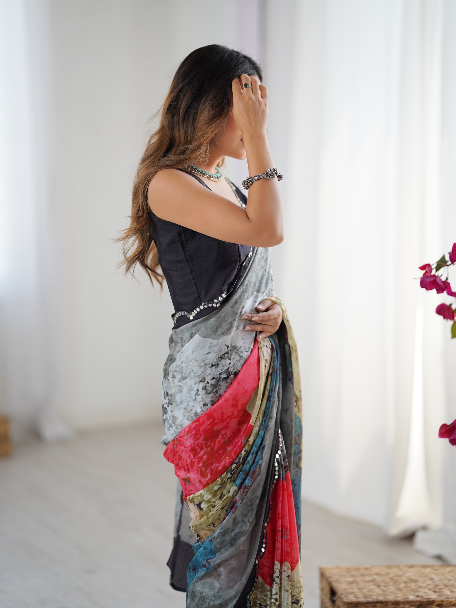 Multicolor Printed Chinnon Saree with Kutchi Mirror Lace Border