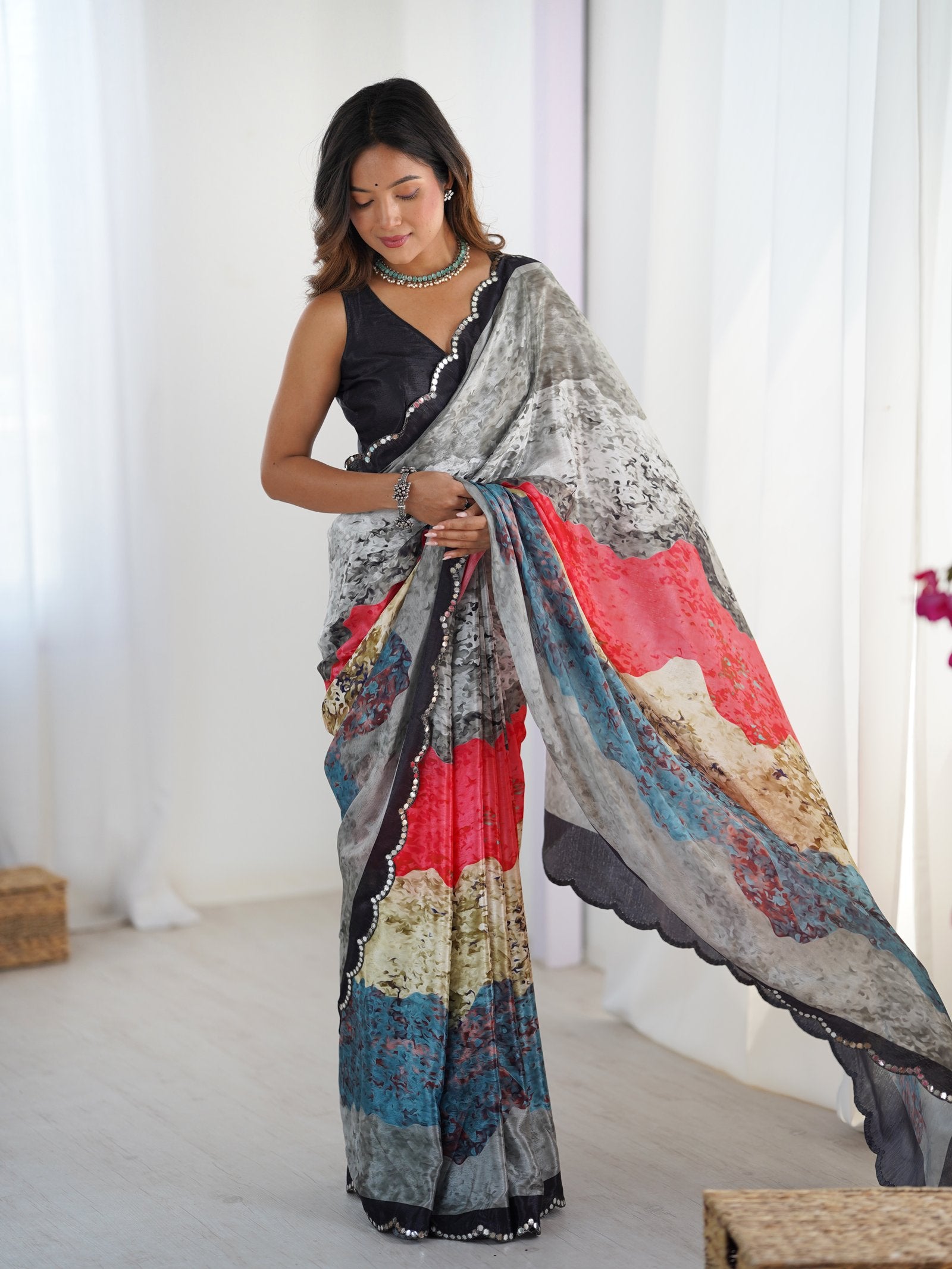 Multicolor Printed Chinnon Saree with Kutchi Mirror Lace Border