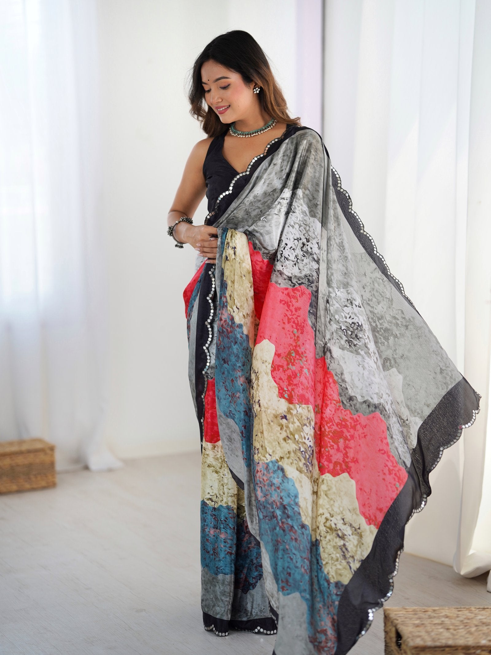 Multicolor Printed Chinnon Saree with Kutchi Mirror Lace Border