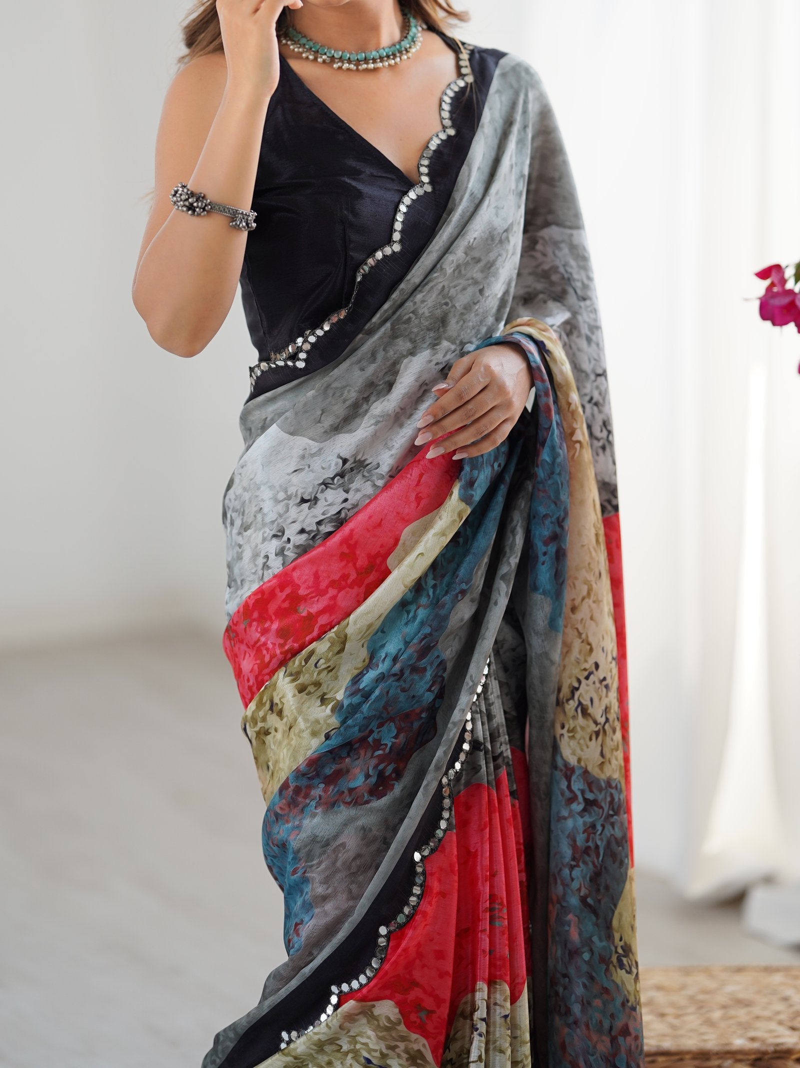 Multicolor Printed Chinnon Saree with Kutchi Mirror Lace Border