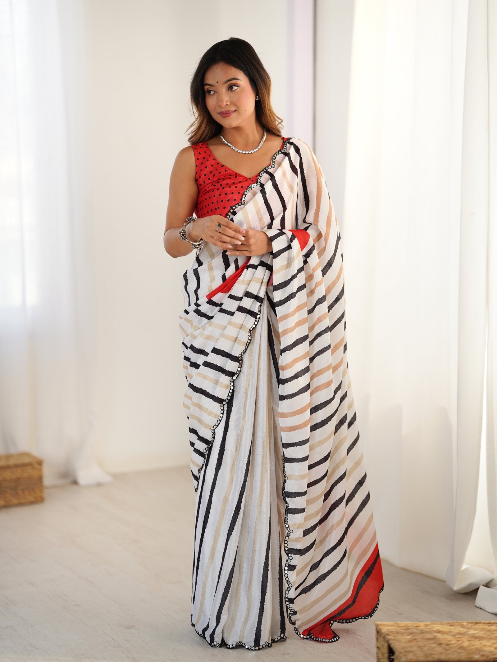 DVS-80 Multicolor Striped Chinnon Saree with Mirror Work