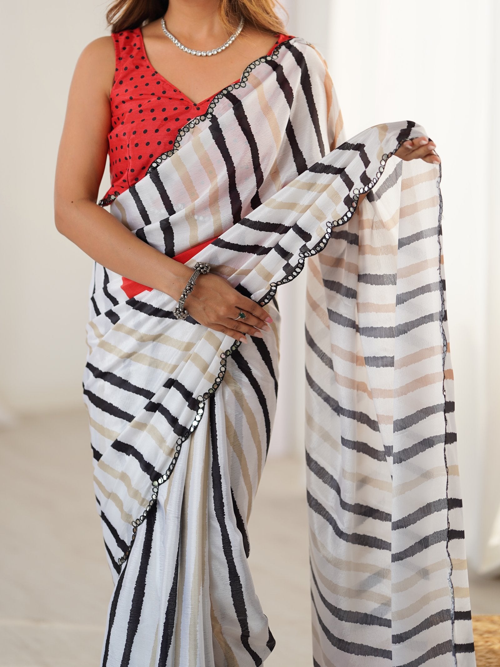 DVS-80 Multicolor Striped Chinnon Saree with Mirror Work