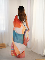 Multicolor Heavy Chinnon Saree with Kutchi Mirror Lace Border