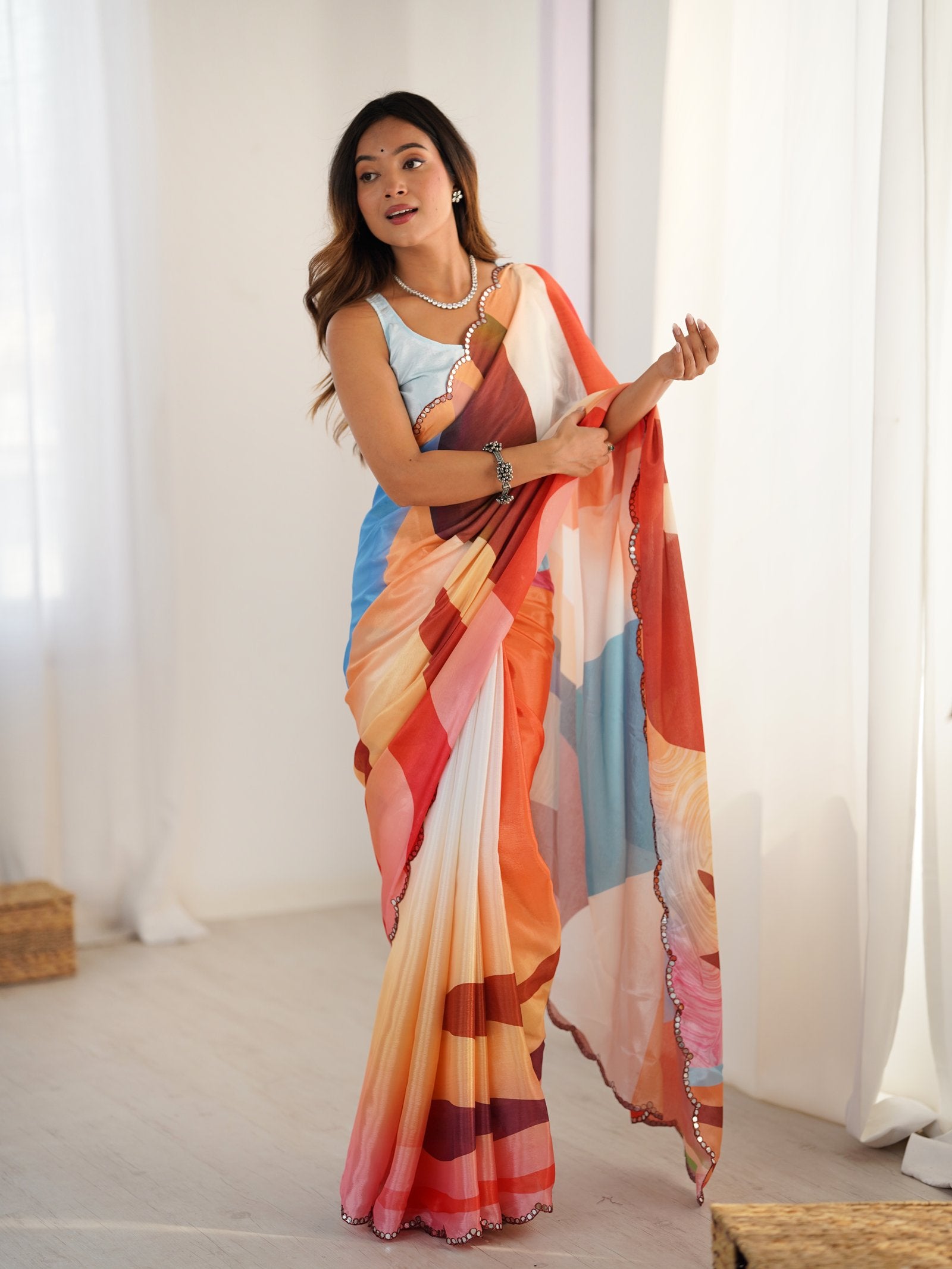 Multicolor Heavy Chinnon Saree with Kutchi Mirror Lace Border