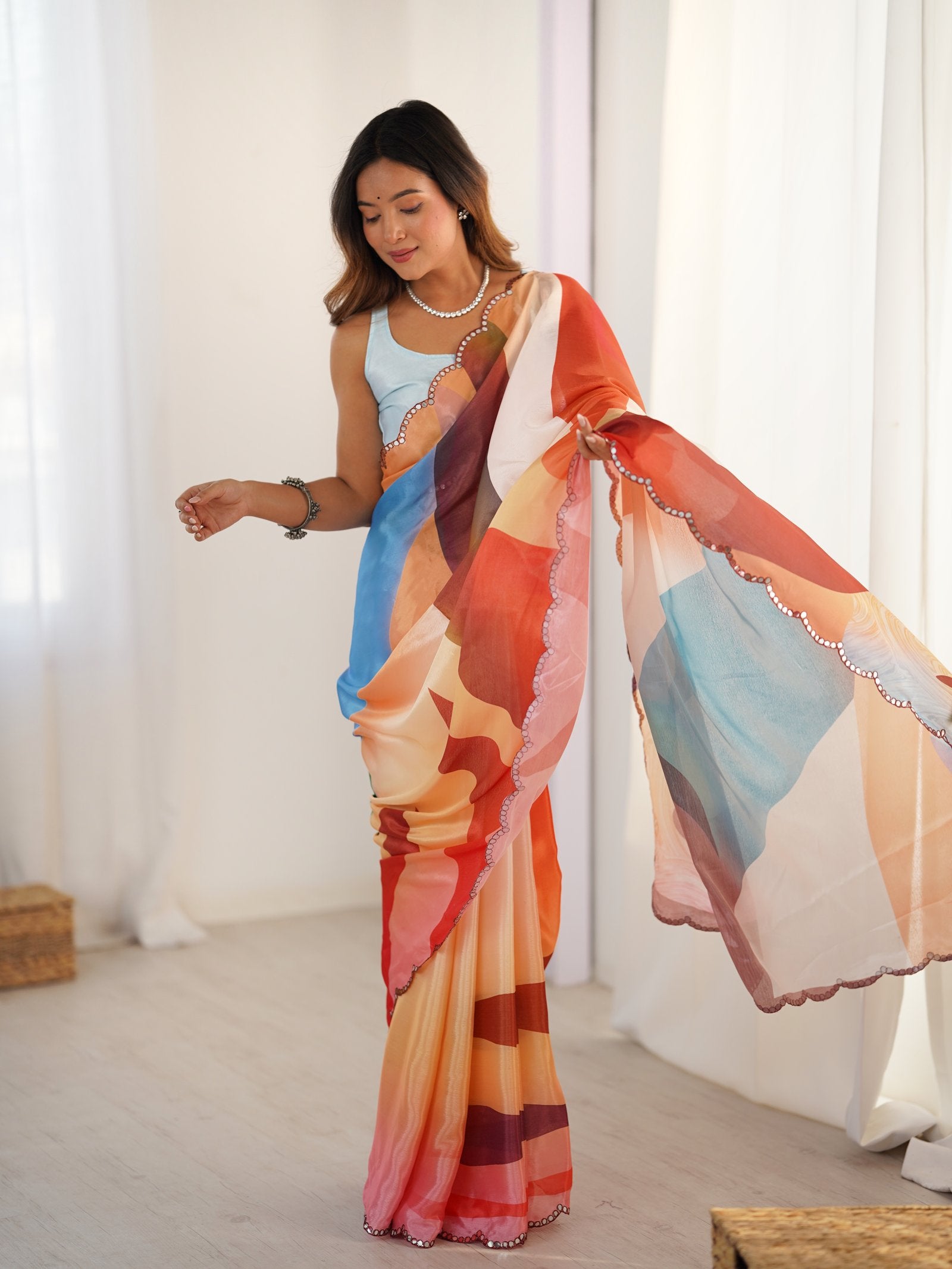 Multicolor Heavy Chinnon Saree with Kutchi Mirror Lace Border