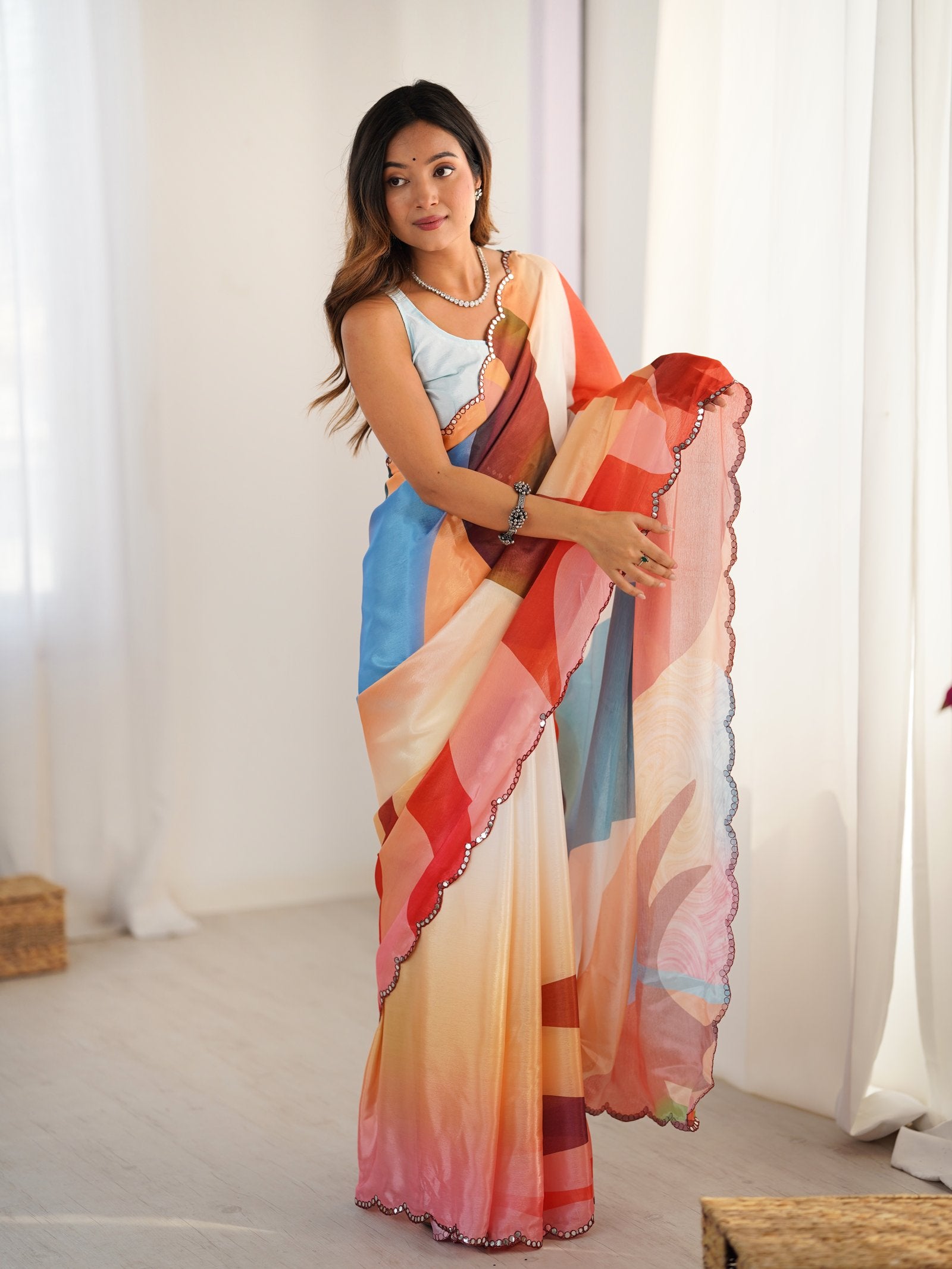 Multicolor Heavy Chinnon Saree with Kutchi Mirror Lace Border