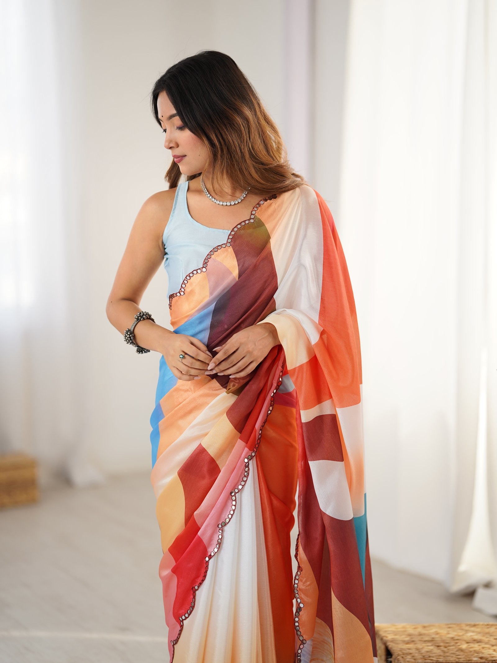 Multicolor Heavy Chinnon Saree with Kutchi Mirror Lace Border