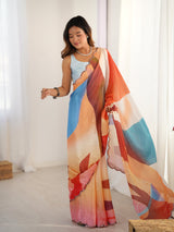Multicolor Heavy Chinnon Saree with Kutchi Mirror Lace Border