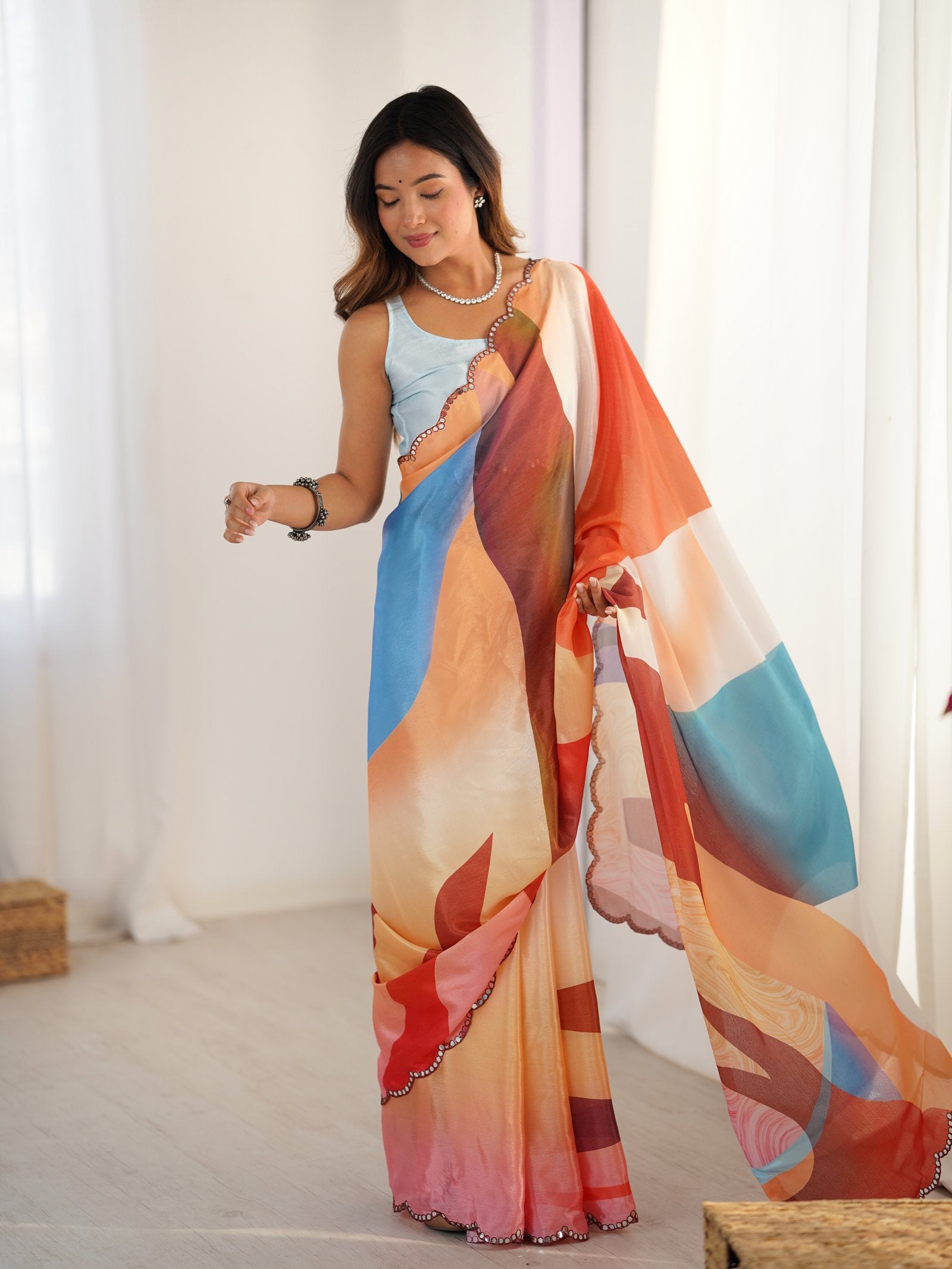 Multicolor Heavy Chinnon Saree with Kutchi Mirror Lace Border
