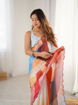 Multicolor Heavy Chinnon Saree with Kutchi Mirror Lace Border